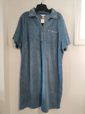 Women Vintage CJ Banks Blue Denim Floral Embroidered Jean Dress - Size 16